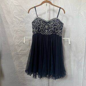 Blondie Nites Navy Sheer Mesh Overlay Dress